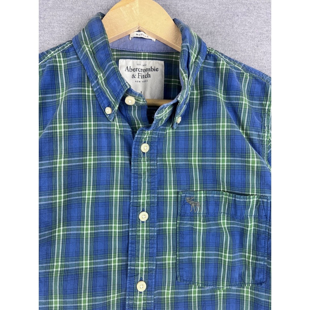 Abercrombie & Fitch Mens Muscle Fit Plaid Button Down Shirt Blue Green L